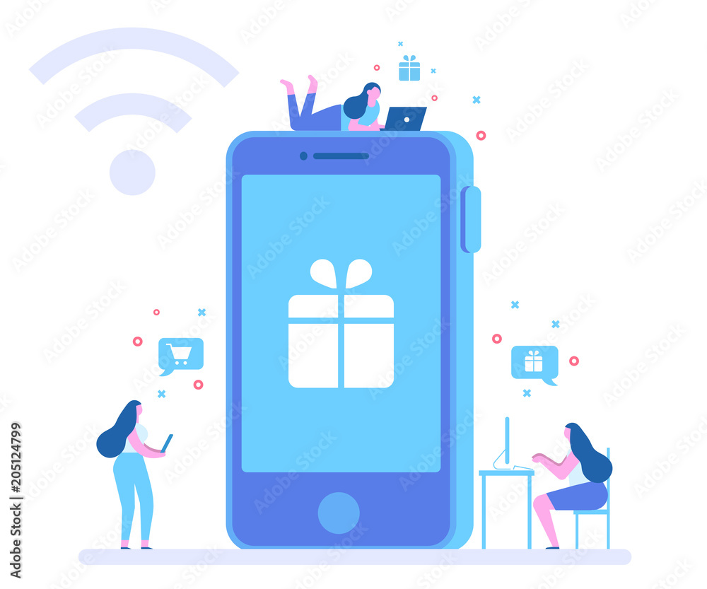 Mobile shopping concept. Different people in front of big cell phone.Flat vector illustration. Mobile shopping concept. Different people in front of big cell phone.Flat vector illustration.