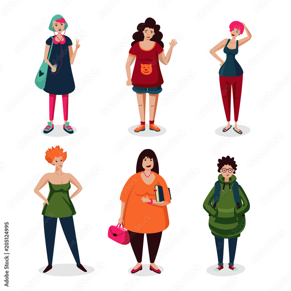 Everyday women in casual wear.Girls cartoon character set isolated on white. Ordinary female characters icon collection, flat style. Middle age people.