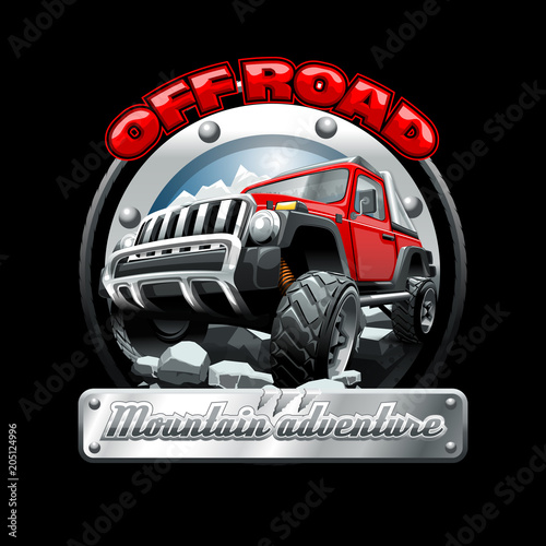 Extreme red Off Road Vehicle SUV on a mountain. Vector illustration.