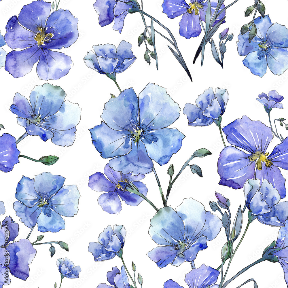 Blue flax. Floral botanical flower. Wild spring leaf wildflower pattern. Aquarelle wildflower for background, texture, wrapper pattern, frame or border.