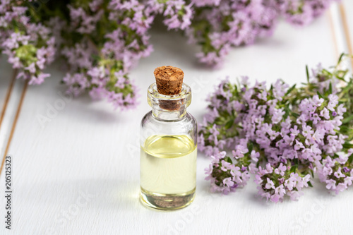A bottle of essential oil with fresh blooming thyme tiwgs