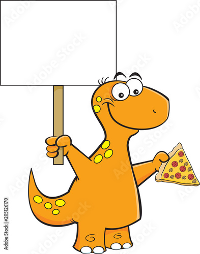 Cartoon illustration of a brontosaurus holding a slice of pizza and a sign.