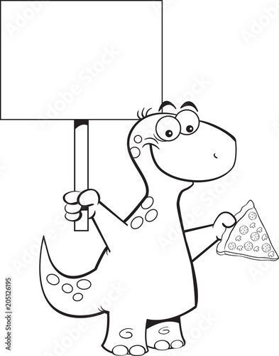 Black and white illustration of a brontosaurus holding a slice of pizza and a sign.