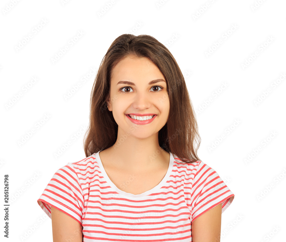 happy young beautiful girl looking at camera and smiling. emotional girl isolated on white background happy young beautiful girl looking at camera and smiling. emotional girl isolated on white background