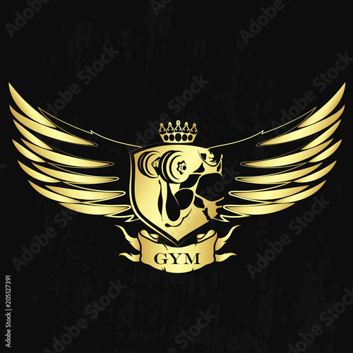 Athlete with dumbbells and golden wings