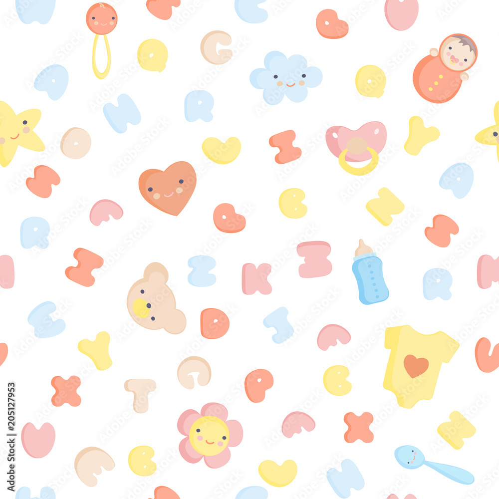 Cute Baby Alphabet and elements Vector seamless pattern Cute Baby Alphabet and elements Vector seamless pattern