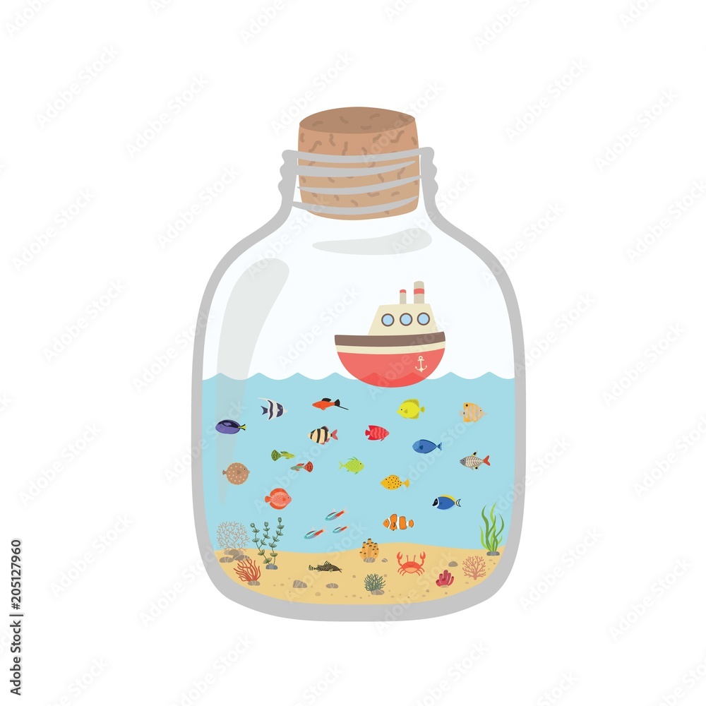 Cartoon underwater world in a bottle, exotic sea colorful fish Cartoon underwater world in a bottle, exotic sea colorful fish