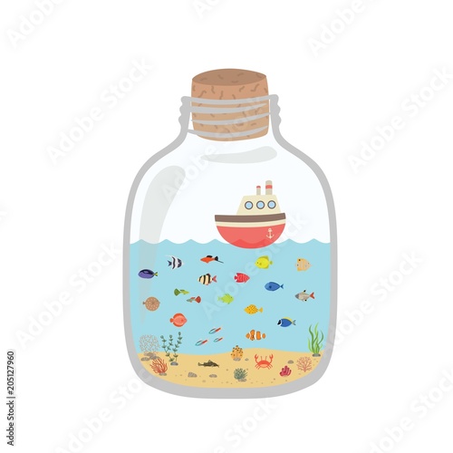 Cartoon underwater world in a bottle, exotic sea colorful fish