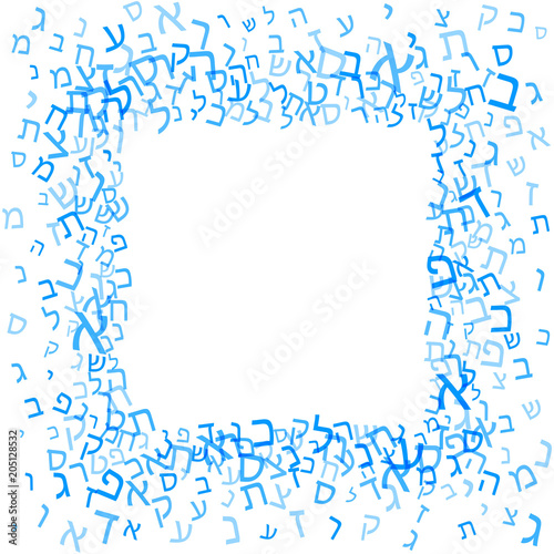 All letters of Hebrew alphabet, Jewish ABC background. Hebrew letters wordcloud word cloud. Vector illustration. Blue and white text typography background.
