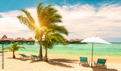 Fototapeta Naklejka Na Ścianę i Meble -  Tropical beach with beach chairs,  umbrella and palm tree on a beautiful day. Travel, tourism and summer vacation concept.