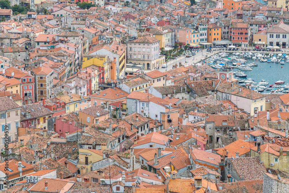 Obraz premium Aerial view of the harbor and part of the historic center of Rovinj town in Croatia, Europe.