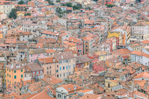 Aerial view on houses with red roofs of the historic center of Rovinj town in Croatia, Europe.