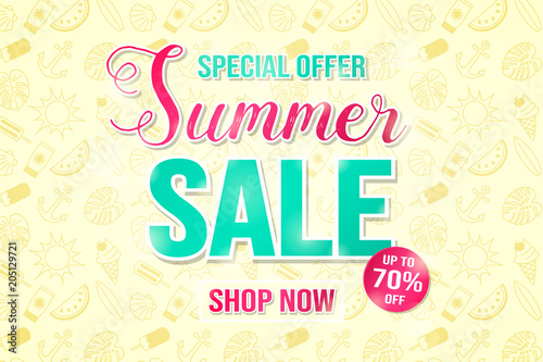 Multicoloured background with hand drawn summer elements for Summer Sale. Vector.