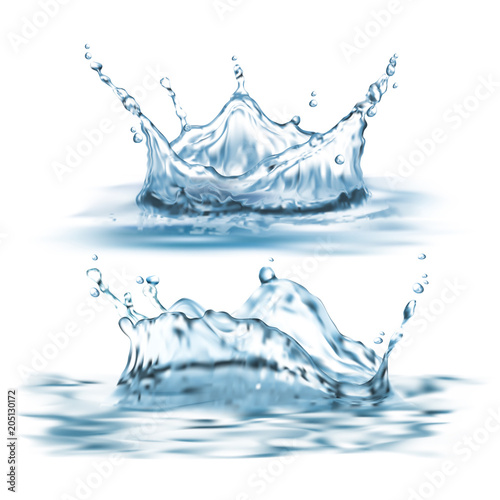 Vector 3d realistic set with water splashes, abstract shapes with droplets, liquid crown, clean and transparent isolated on background. Aqua splashing clipart for package design of refreshing drinks