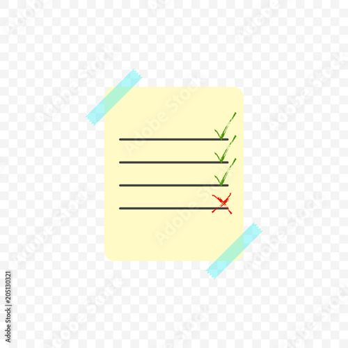 Sheet glued with transparent transparent tape with a list of completed and unfinished business. Vector illustration on a transparent background