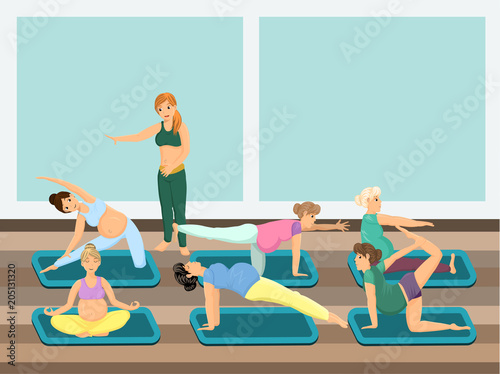 Pregnant women do yoga with instructor. Vector image.