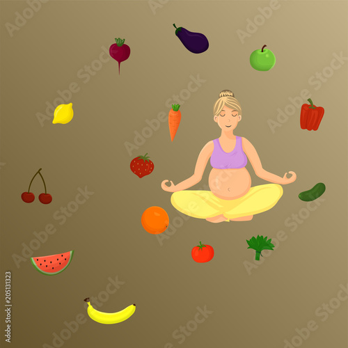 Pregnant girl in lotus pose on simple background. Vector image.