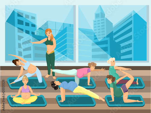 Pregnant women do yoga with instructor. Vector image.