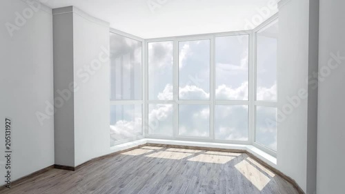 Bay window in empty room with view on cloudy sky. Background plate, chroma key video background.