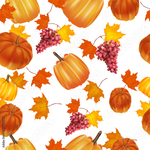 Seamless autumn background. Red and yellow pumpkins and autumn leaves.grapes, red.
