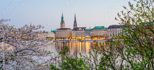 Beautiful panoramic view of Alster river and Hamburg town hall - Rathaus at spring earning evening during golden hour. Cherry blossom tree in foreground photo