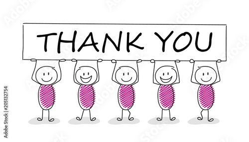 Element for presentation. Stickmen holding a banner with text: thank you. Vector.