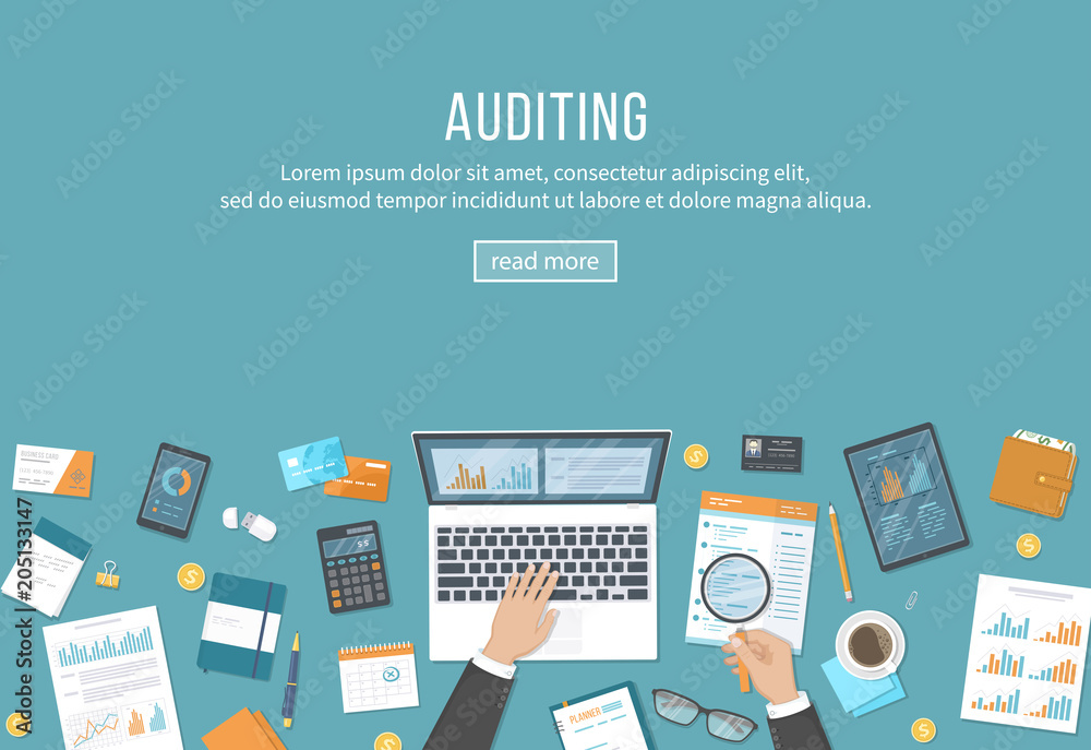 Online auditing, analysis, accounting, tax process, research, financial report. Businessman hands with laptop, documents, graphics, charts, calendar, magnifier, report, tablet, phone Vector background Online auditing, analysis, accounting, tax process, research, financial report. Businessman hands with laptop, documents, graphics, charts, calendar, magnifier, report, tablet, phone Vector background