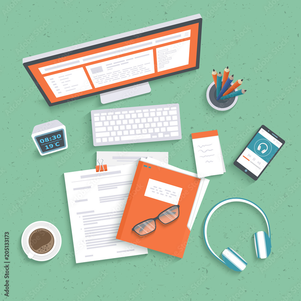 Desktop with monitor, keyboard, documents, folder, headphones, phone, clock, notebook, coffee. Table top view. Workplace background. Vector illustration
Desktop with monitor, keyboard, documents, folder, headphones, phone, clock, notebook, coffee. Table top view. Workplace background. Vector illustration