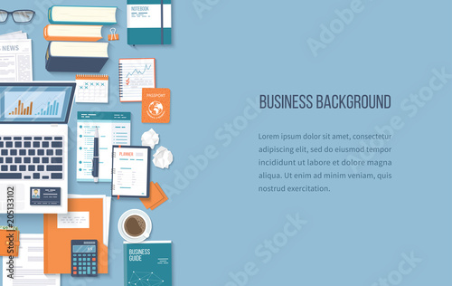 Workplace business background. Top view of office supplies laptop, folder, documents, notepad, books, purse, calendar, calculator, coffee, crumpled paper. Place for text. Vector Top view