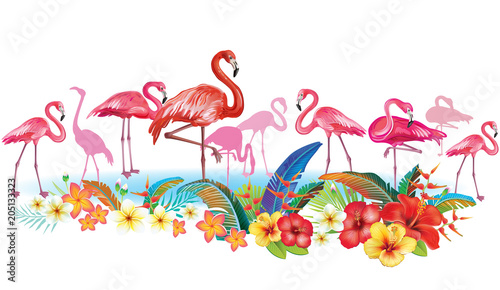 Arrangement from tropical flowers and Flamingoes