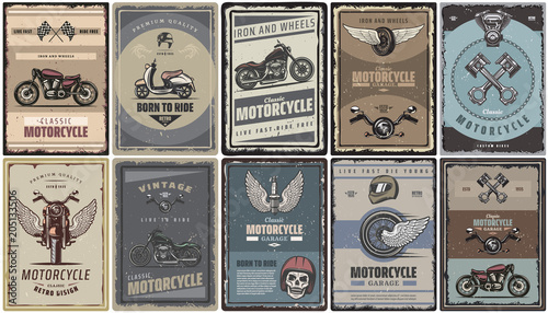 Vintage Colored Motorcycle Posters Set