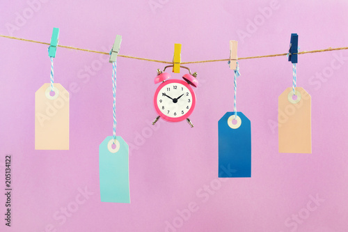 On the ropes on the clothespins are hung empty blue and pink labels. In the center is a small alarm clock. Concept, time to buy. Layout on a pink background.