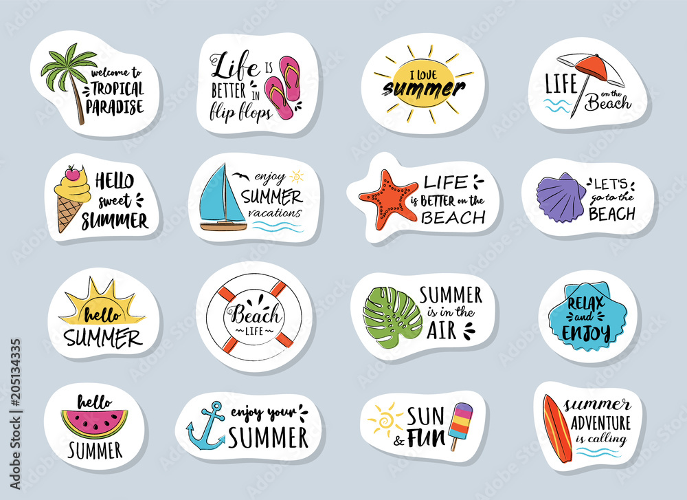Obraz premium Funny summer calligraphy with funny icons. Collection of badges. Vector.