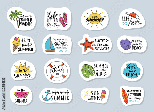 Funny summer calligraphy with funny icons. Collection of badges.  Vector.