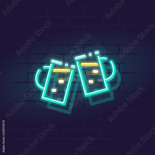 Neon beer. Night illuminated wall street sign. Isolated geometric style illustration on brick wall background.