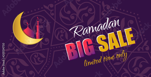Ramadan Big Sale. Design horizontal web banner with beautiful crescent moon in golden and violet color. Vector Illustration for greeting card, flyer and voucher. 