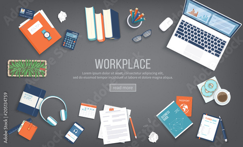 Workplace Desktop background. Top view of black table, laptop, folder, documents, notepad, books, purse, calendar, headphones, calculator, coffee, passport. Place for text. Vector Top view