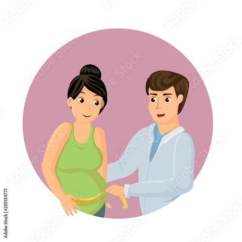 Cute pregnant woman and doctor measure belly volume. Vector image.