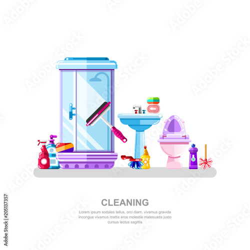 Bathroom and sanitary engineering cleaning. Vector illustration of shower cabin, sink, toilet, cleaning detergents