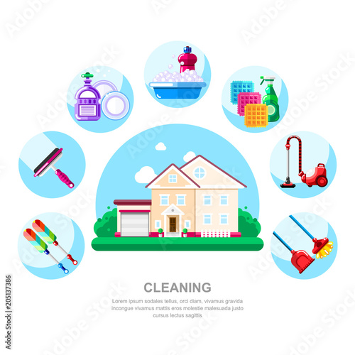 House cleaning service and housework concept. Cottage, household tools and supplies, vector illustration