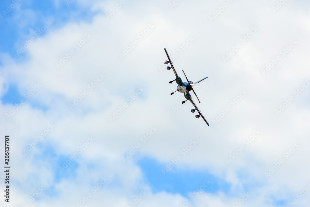 Homemade radio control aircraft  on blue sky.
