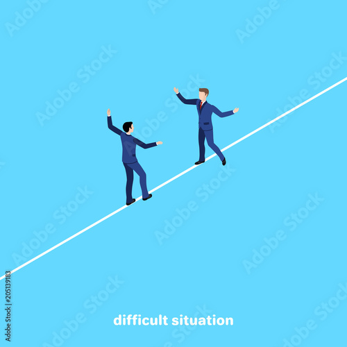men in business suits go to each other for a meeting on a tight rope, an isometric image