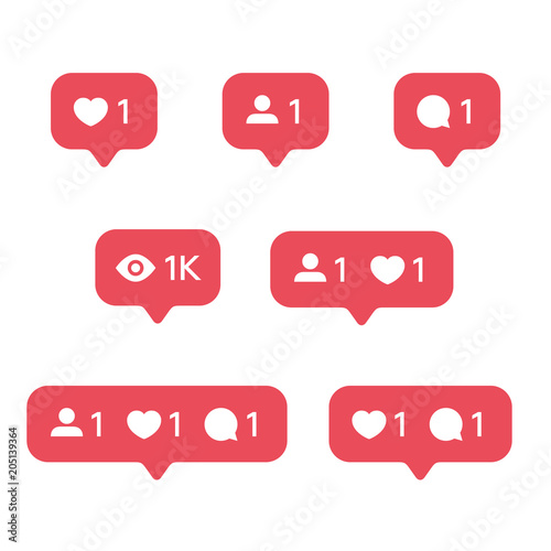 Red Heart like, new message bubble, friend request quantity number notifications icons templates. Social network app icons.