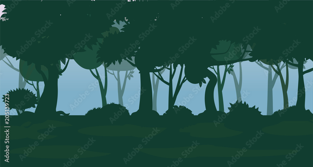 Fototapeta premium Vector forest background. Trees, bushes and thickets in the form of silhouettes. Vector, isolated