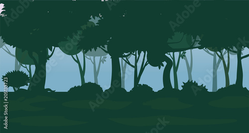 Vector forest background. Trees, bushes and thickets in the form of silhouettes. Vector, isolated