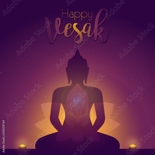 Happy Vesak day card. Vector illustration with lotus flower and buddhas silhouette.