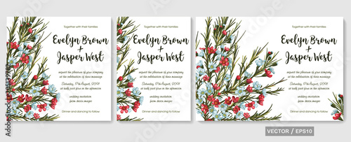 Vector wedding invitations set with red and blue wax flowers (chamaelaucium) on white background. Romantic tender floral design for wedding invitation, save the date and thank you cards