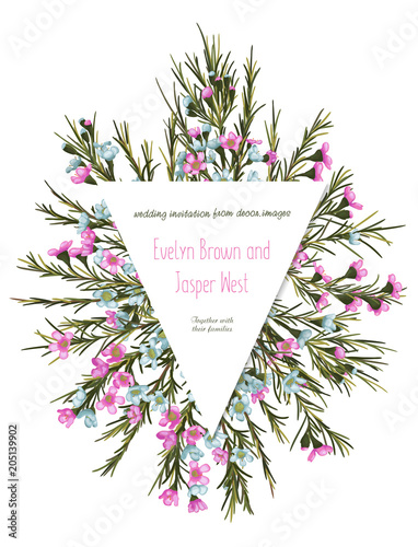 Cute rustic floral greeting card, wedding invitation, banner, label. Pink and blue wax flowers with triangular frame isolated on white background. Vector