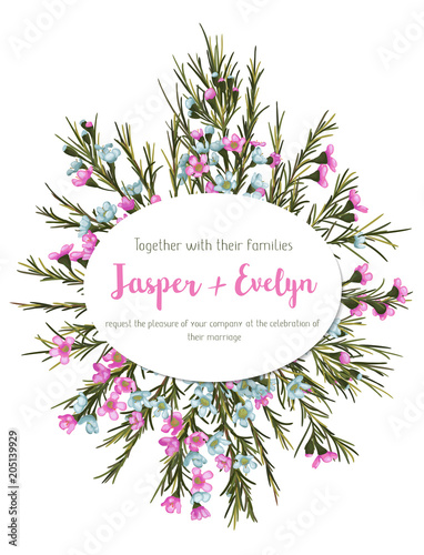 Beautiful floral greeting card, wedding invitation, banner, label. Pink and blue wax flowers with an oval frame isolated on white background. Vector illustration