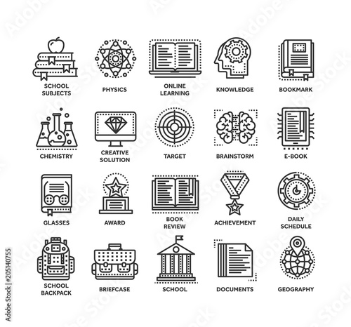 School education, university. Study, learning process. Oline lessons, tutorial. Student knowledge. History book.Thin line black web icon set. Outline icons collection.Vector illustration.